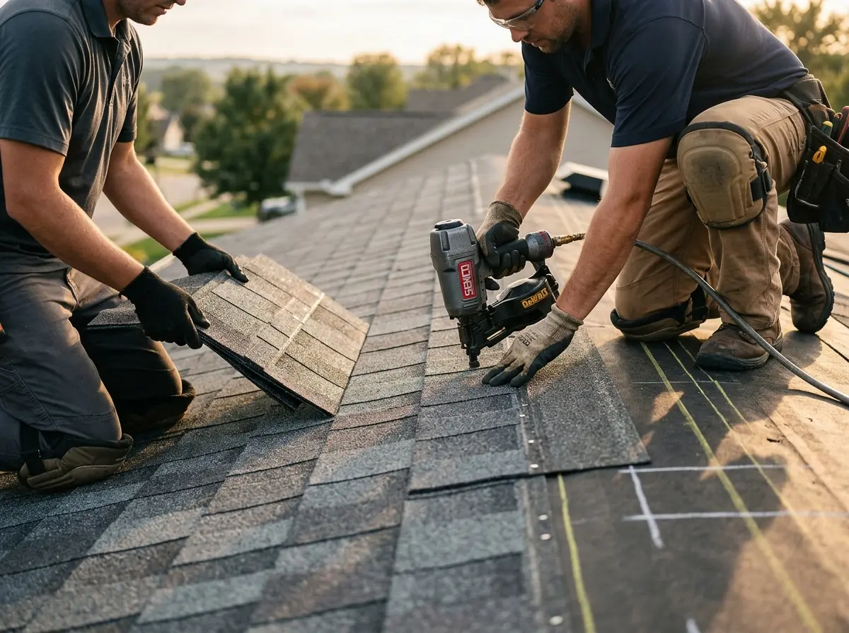 Professional roofer working on a residential roof in Bonne Terre
